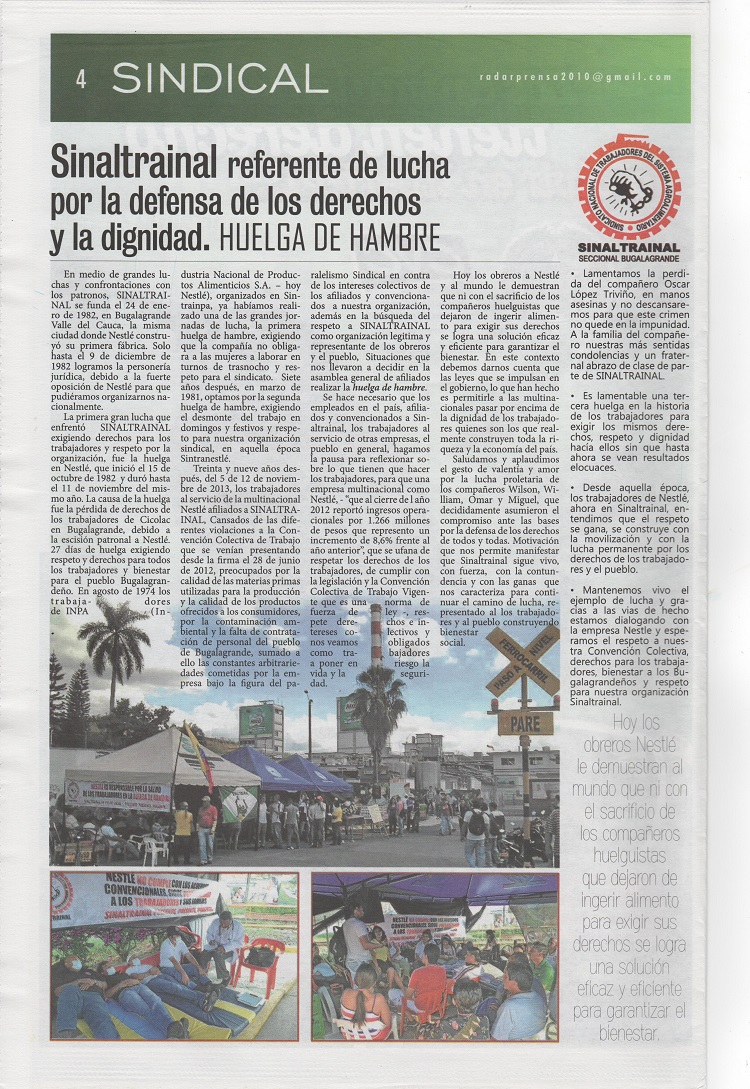 Sinaltrainal referente de lucha por la defensa de los derechos y la dignidad